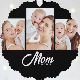 Mum Established Modern Script Black 3 Photo Tree Decoration Card