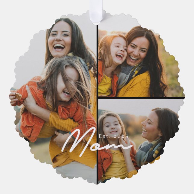 Mum Established Modern Script Black 3 Photo Tree Decoration Card (Front)
