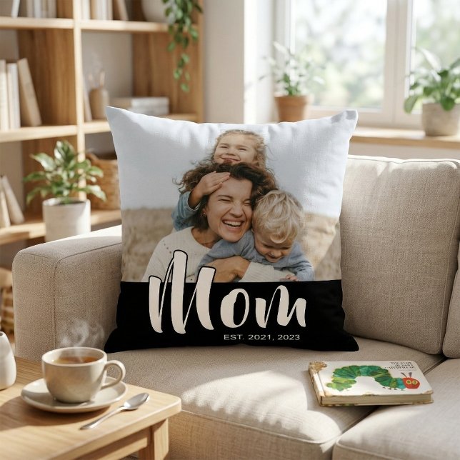 Mum Established Modern Script Photo Cushion (Mom Established Modern Script Photo Throw Pillow)