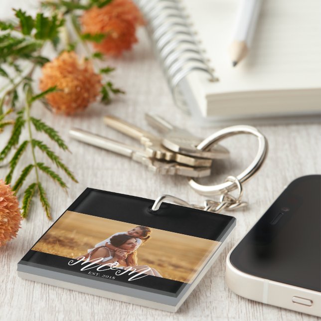 Mum Established Modern Script Photo Key Ring (Front Right)
