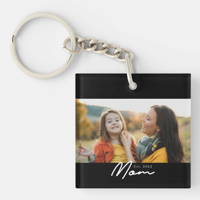 Mum Established Modern Script Photo Key Ring (Front)