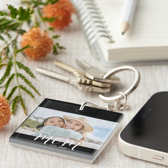 Mum Established Modern Script Photo Key Ring (Front Right)