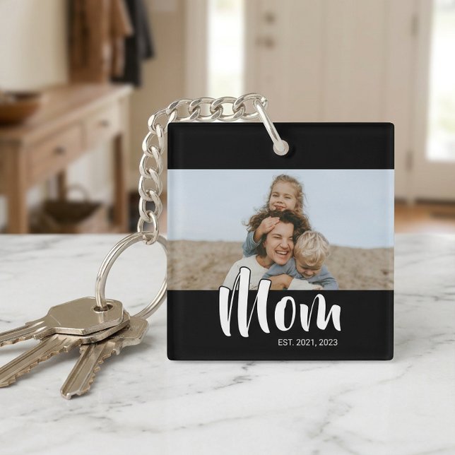Mum Established Modern Script Photo Key Ring (Mom Established Modern Script Photo Keychain)