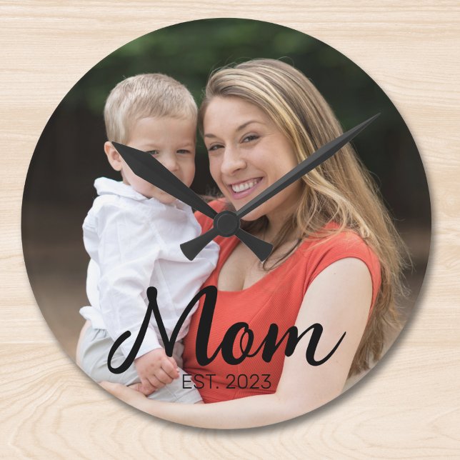 Mum Established Modern Script Photo Round Clock (Creator Uploaded)
