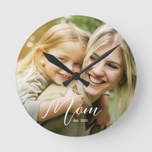 Mum Established Modern Script Photo Round Clock (Front)