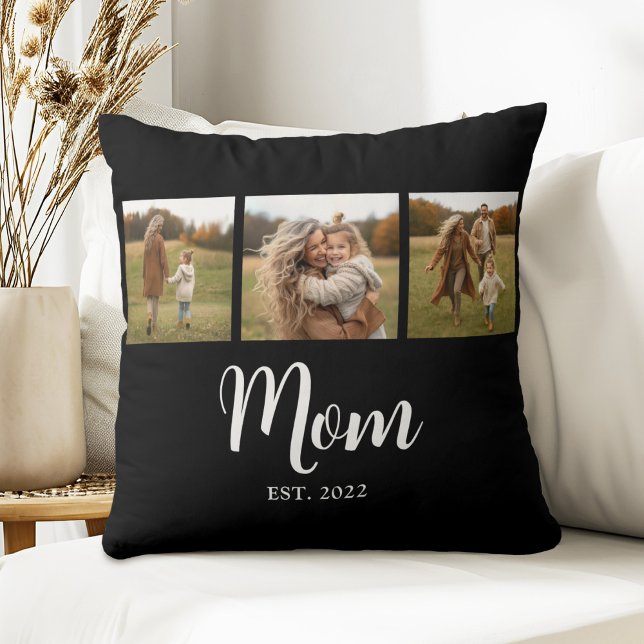 Mum Established Modern Simple Script Black 3 Photo Cushion (Established Mom 3 photo white script text cushion)