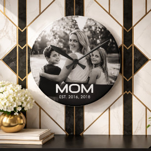 Mum Established Modern White Bold Photo  Round Clock