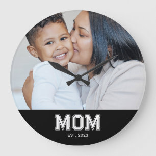 Mum Established Modern White Bold Photo Round Large Clock