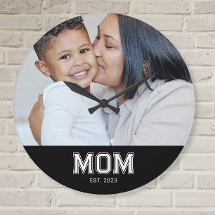 Mum Established Modern White Bold Photo Round Large Clock
