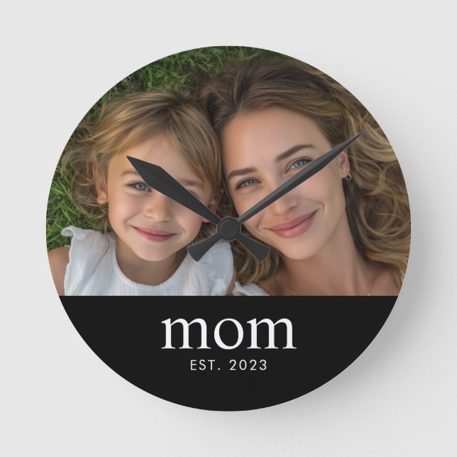 Mum Established Modern White Minimal Photo Round Clock (Front)