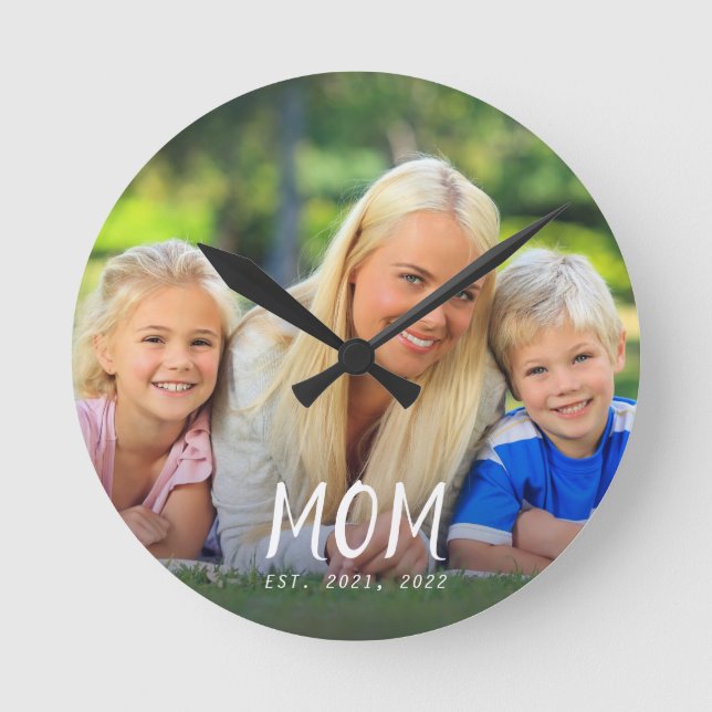 Mum Established Modern White Script Photo Design Round Clock (Front)