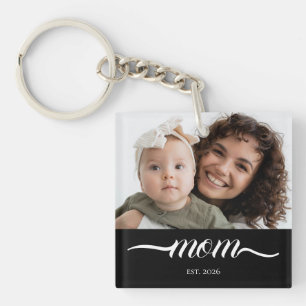 Mum Established Modern White Script Photo Key Ring