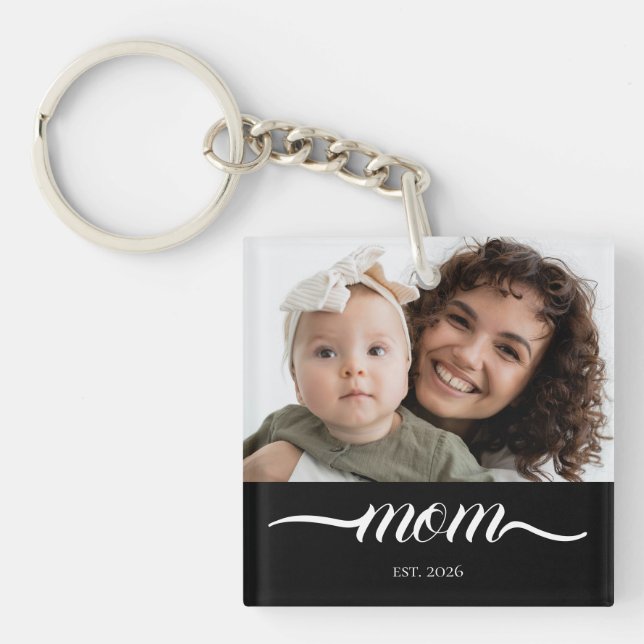Mum Established Modern White Script Photo Key Ring (Front)