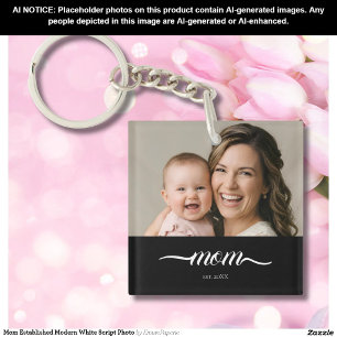 Mum Established Modern White Script Photo Key Ring