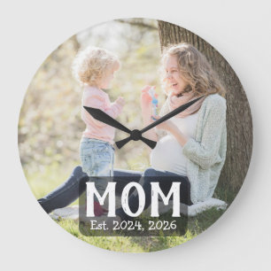 Mum Established Modern White Script Photo Large Clock
