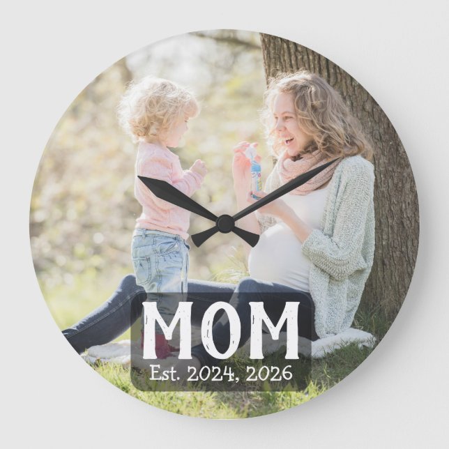 Mum Established Modern White Script Photo  Large Clock (Front)