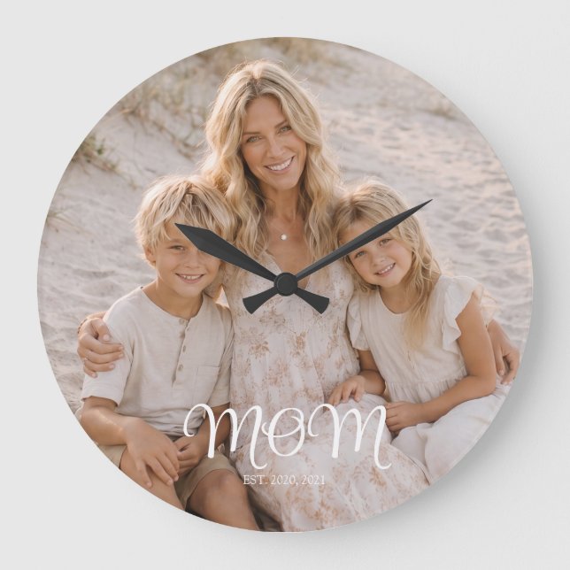 Mum Established Modern White Script Photo Large Clock (Front)