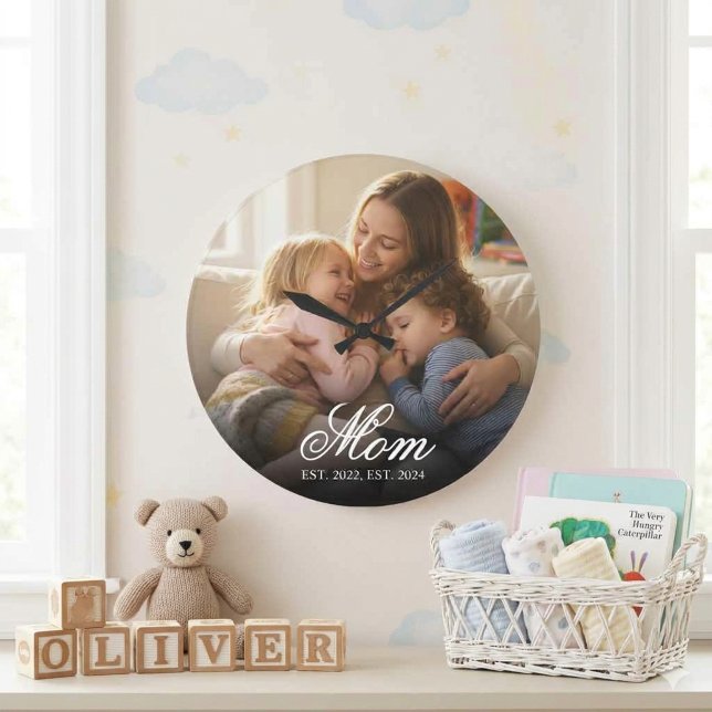 Mum Established Modern White Script Photo Large Clock (Mom Established Modern White Script Photo Large Clock )