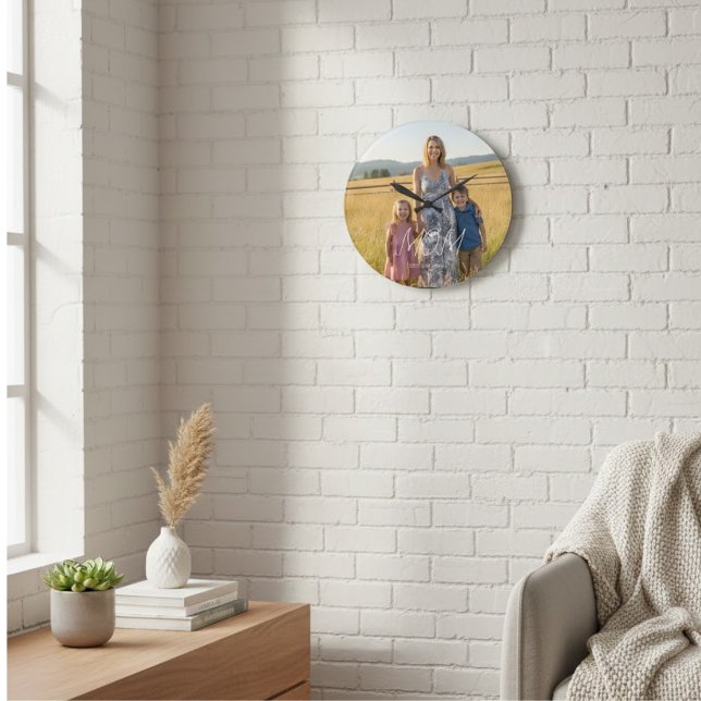 Mum Established Modern White Script Photo Large Clock (Creator Uploaded)