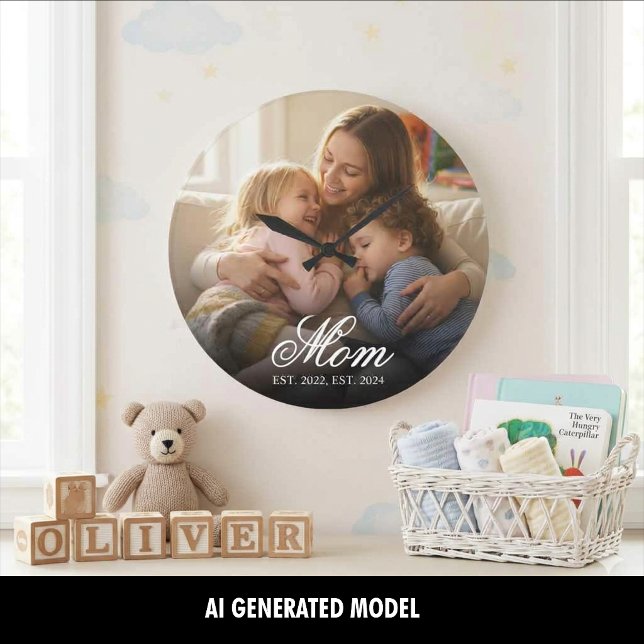 Mum Established Modern White Script Photo Large Clock (Mom Established Modern White Script Photo Large Clock)