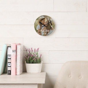Mum Established Modern White Script Photo Round C Clock