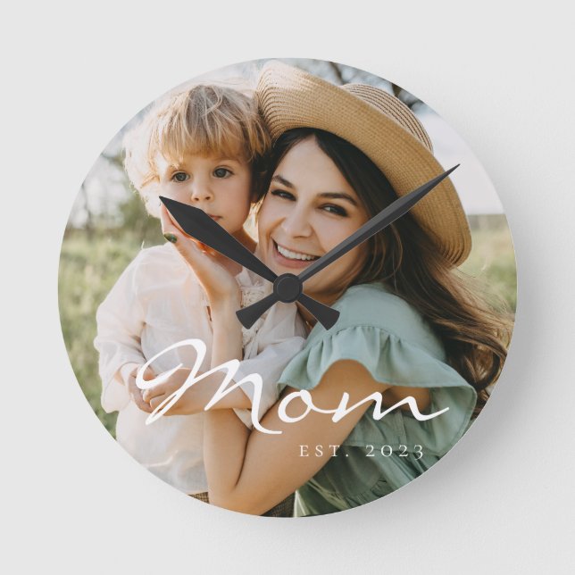 Mum Established Modern White Script Photo  Round Clock (Front)