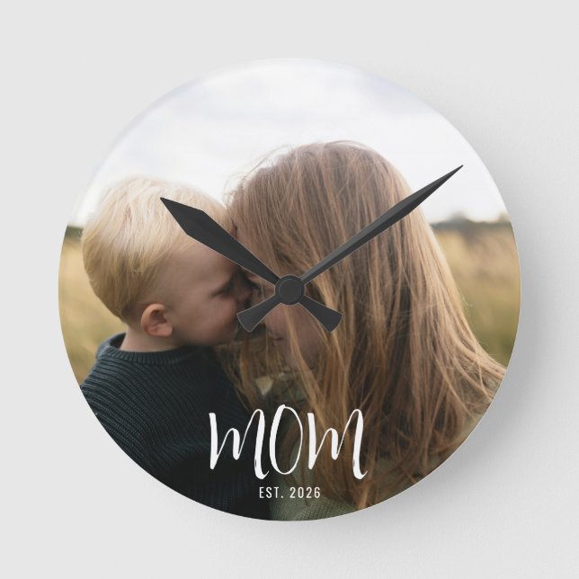 Mum Established Modern White Script Photo Round Clock (Front)