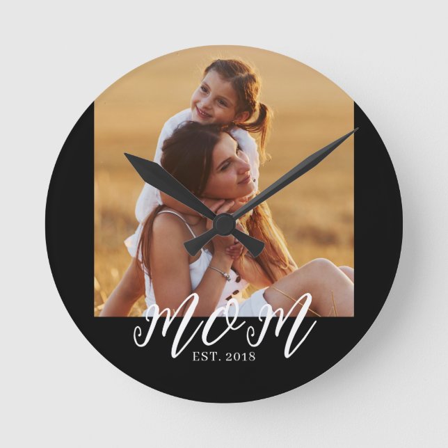 Mum Established Modern White Script Photo Round Clock (Front)