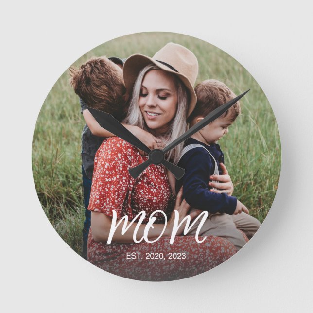Mum Established Modern White Script Photo Round Clock (Front)