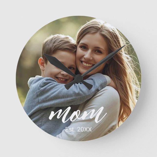 Mum Established Modern White Script Photo Round Clock (Front)