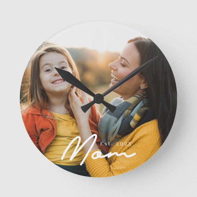 Mum Established Modern White Script Photo Round Clock (Front)