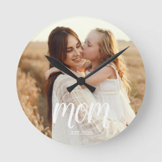 Mum Established Modern White Script Photo Round Clock