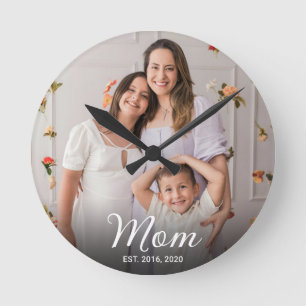 Mum Established Modern White Script Photo Round Clock