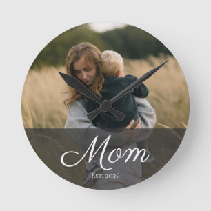 Mum Established Modern White Script Photo Round Clock