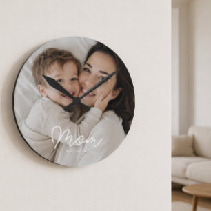 Mum Established Modern White Script Photo Round Clock