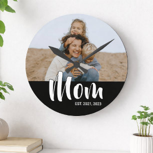 Mum Established Modern White Script Photo Round Clock