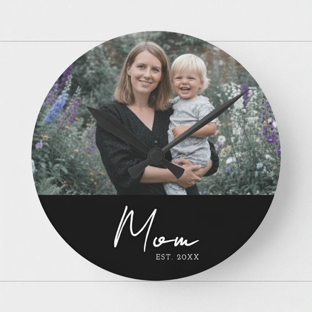 Mum Established Modern White Script Photo Round Clock (Creator Uploaded)