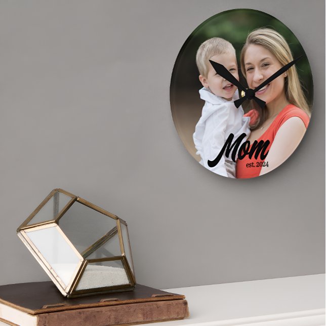 Mum Established Modern White Script Photo Round Clock (Creator Uploaded)