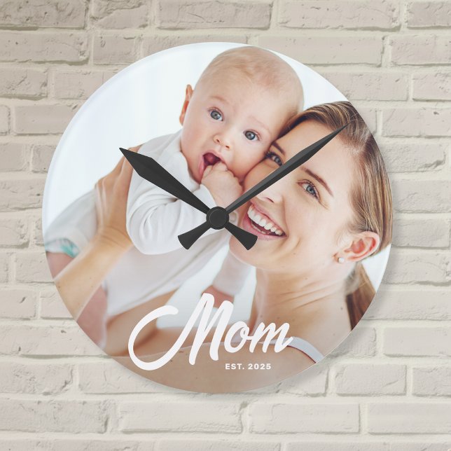Mum Established Modern White Script Photo Round Clock (Creator Uploaded)