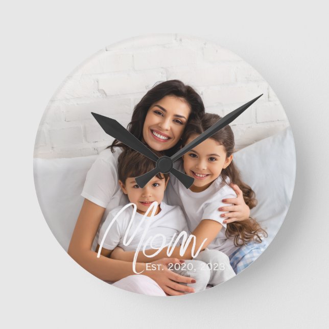 Mum Established Modern White Script Photo  Round Clock (Front)