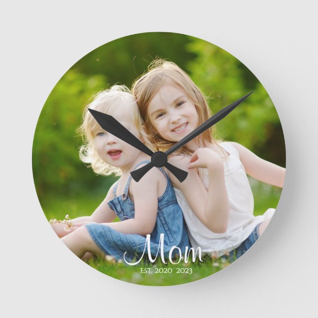 Mum Established Modern White Script Photo Round Clock (Front)
