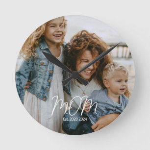 Mum Established Modern White Script Photo Round Clock