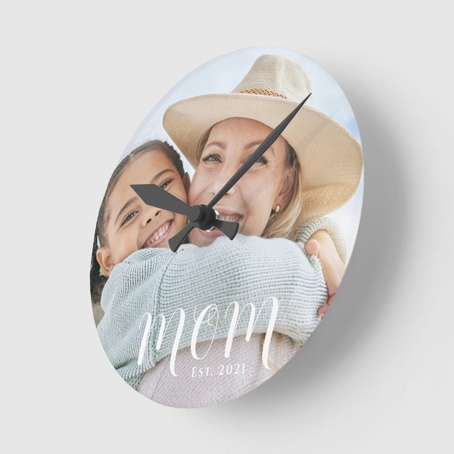 Mum Established Modern White Script Photo Round Clock (Angle)