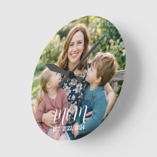 Mum Established Modern White Script Photo Round Clock