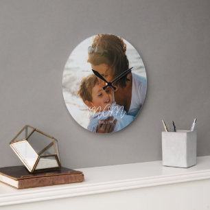 Mum Established Modern White Script Photo Round Large Clock