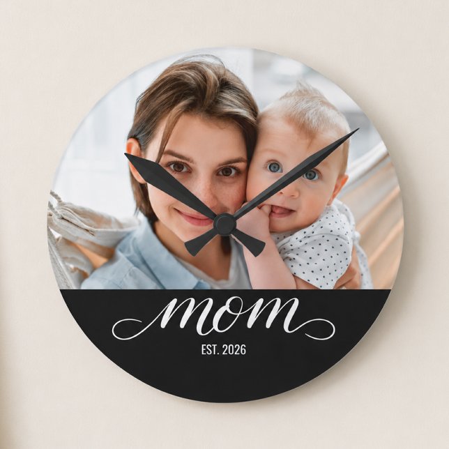 Mum Established Modern White Script Round Clock (Creator Uploaded)
