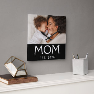 Mum Established Modern White Typography Photo Square Wall Clock