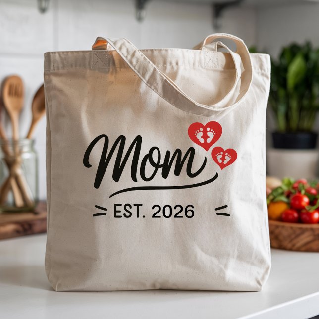 Mum Established Mothers Day Name Year Script Heart Tote Bag (new mom established script tote bags simple minimal script font mother mama mum script modern mother)