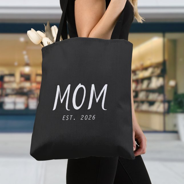 Mum Established New Mum Gift Tote Bag (A black tote bag with customizable white text saying "Mom Est. 2026"
)