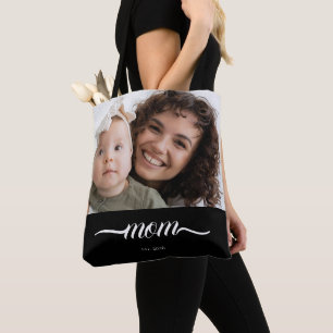 Mum Established Photo Custom Date Elegant Black Tote Bag